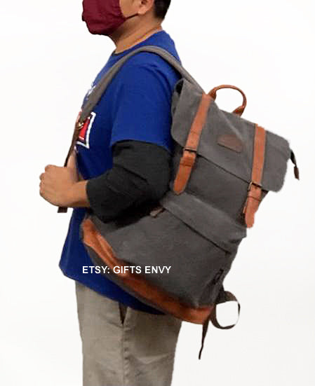 14x19 Grey Canvas Large Rucksack Backpack Gift Uni Sex Travel Backpack Stylish Man Woman Backpack Birthday Gift Graduation Gift