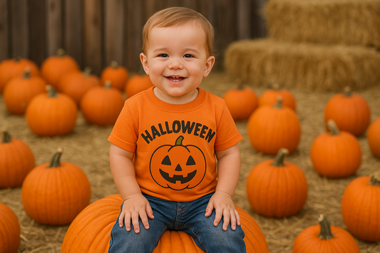 Halloween T-Shirt for Kids. In the picture is a cute little child sitting on a pumpkin in a pumpkin patch.