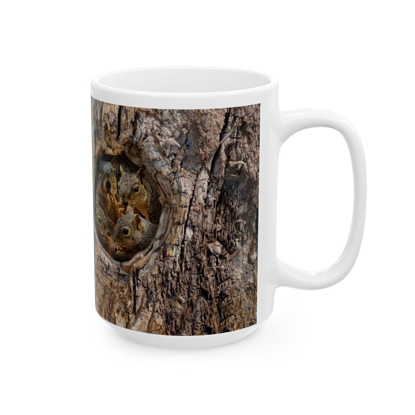 4 Squirrels Inside Tree Trunk Eating Walnut Mug