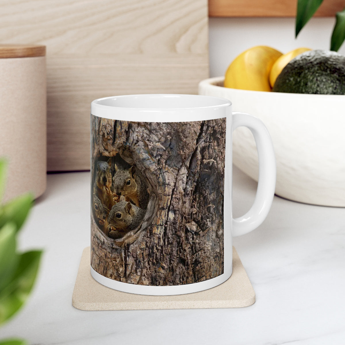 4 Squirrels Inside Tree Trunk Eating Walnut Mug