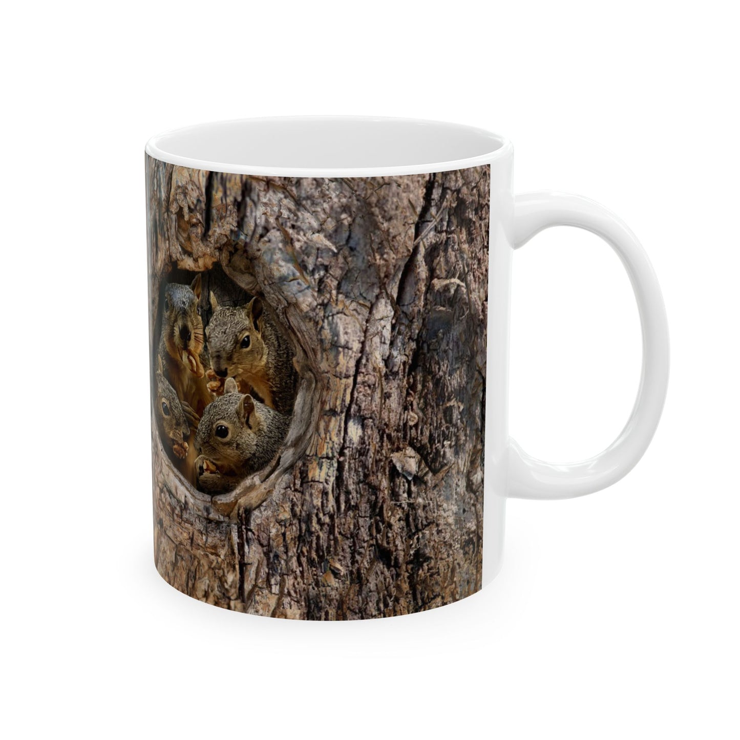 4 Squirrels Inside Tree Trunk Eating Walnut Mug