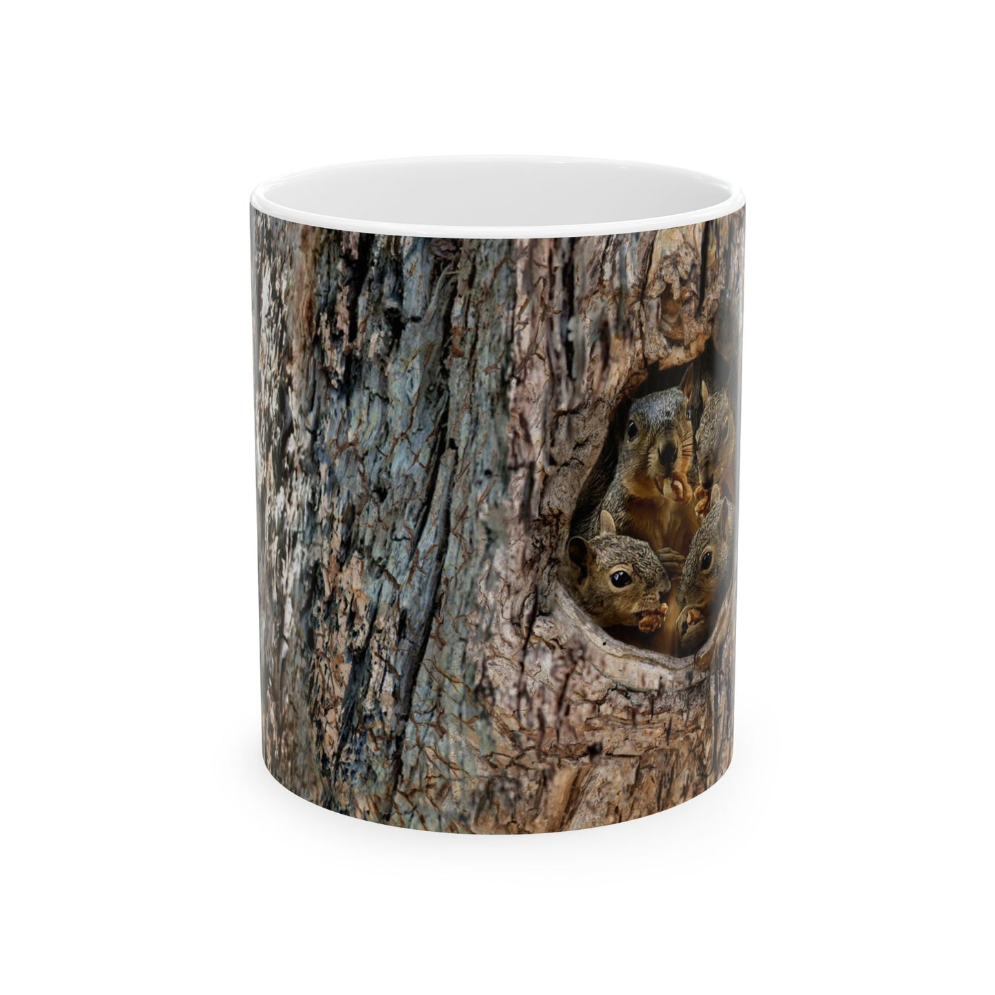 4 Squirrels Inside Tree Trunk Eating Walnut Mug